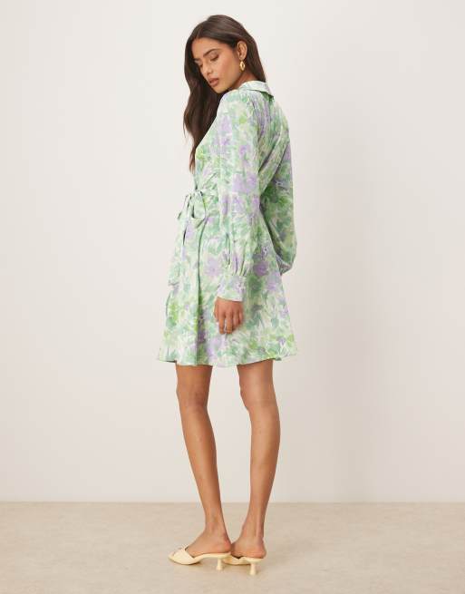 VILA satin wrap mini dress in summer green floral print, 3 of 4