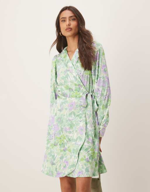 VILA satin wrap mini dress in summer green floral print