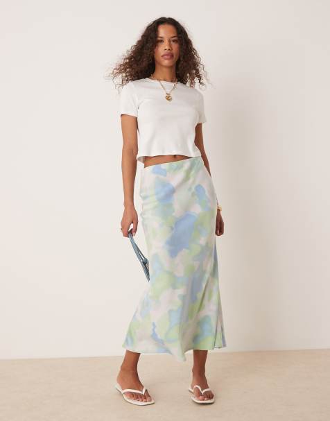 Vila satin midi skirt in blue and green marble print
