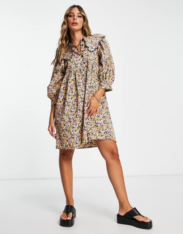 Vila scallop collar mini shirt dress in bright floral