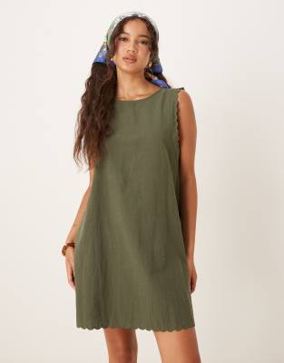 Vila scallop edge cotton mini dress in khaki-Green