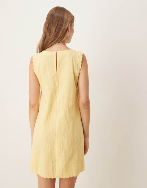 Vila scallop edge cotton mini dress in yellow , 3 of 4
