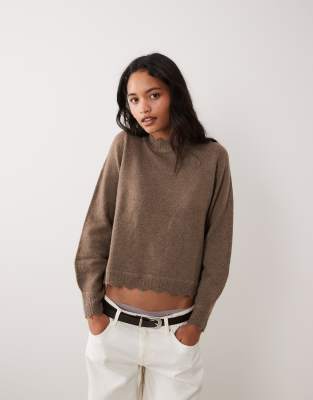 Vila Scallop Trim Knit Sweater In Brown