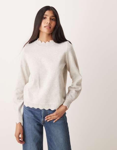 Vila scallop trim knitted jumper in super light natural melange - view 1