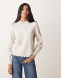 [Vila] VILA scallop trim knitted jumper in super light natural melange-Neutral S Light melange