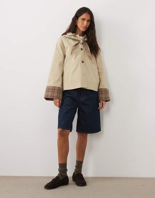 VILA scarf detail short trench coat with check trims in beige, 2 of 4