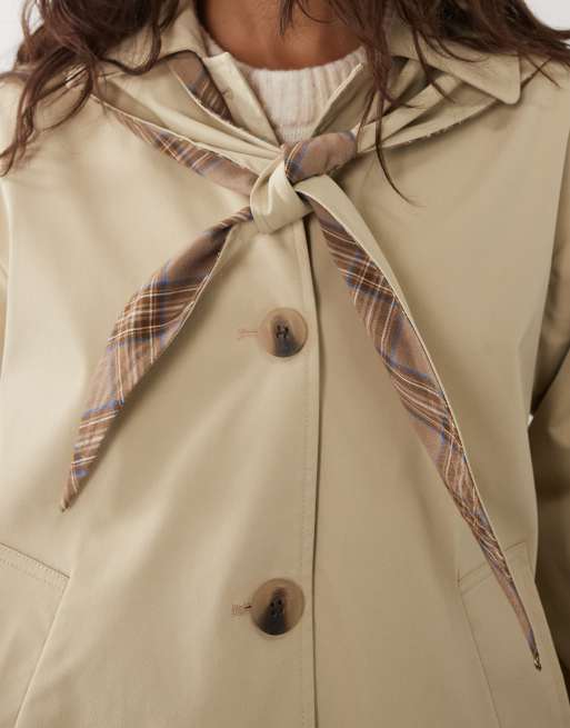 VILA scarf detail short trench coat with check trims in beige, 3 of 4