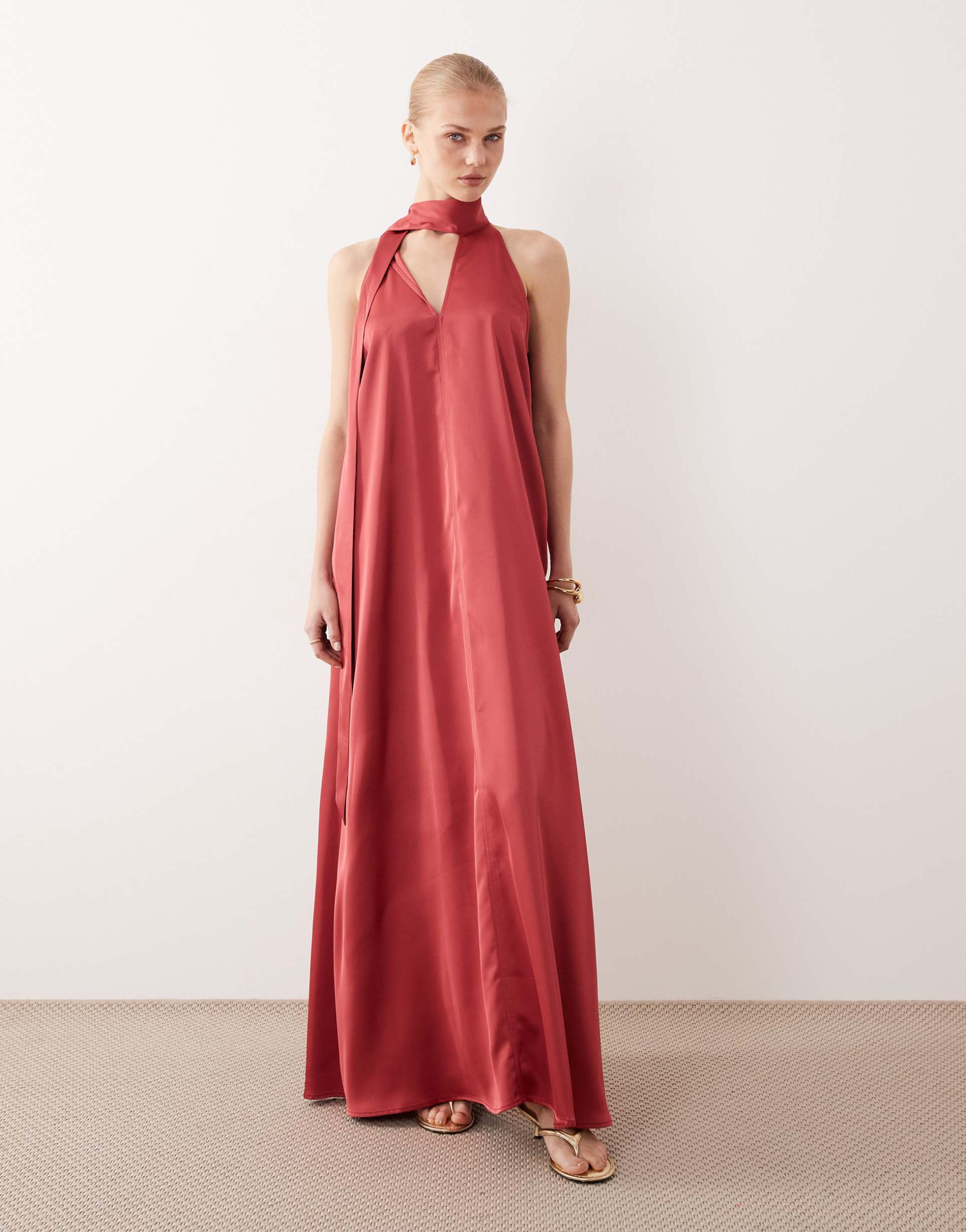 vila scarf neck satin maxi dress in holly berry red