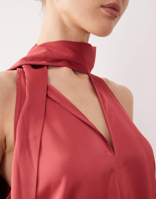 VILA scarf neck satin maxi dress in holly berry red, 4 of 4