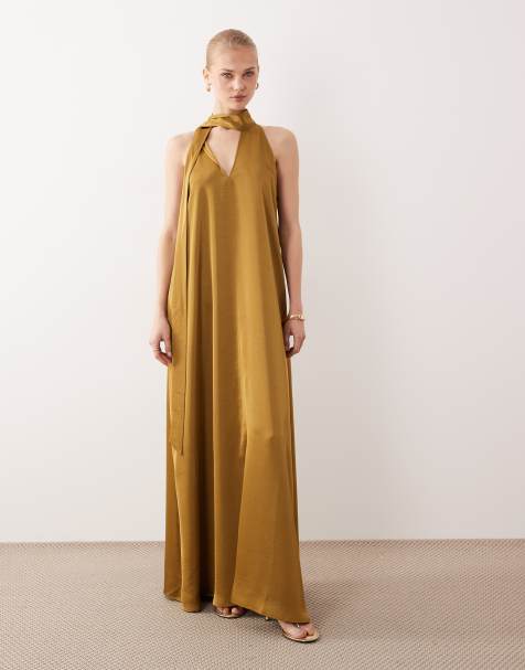 VILA scarf neck satin maxi dress in olive green - view 1