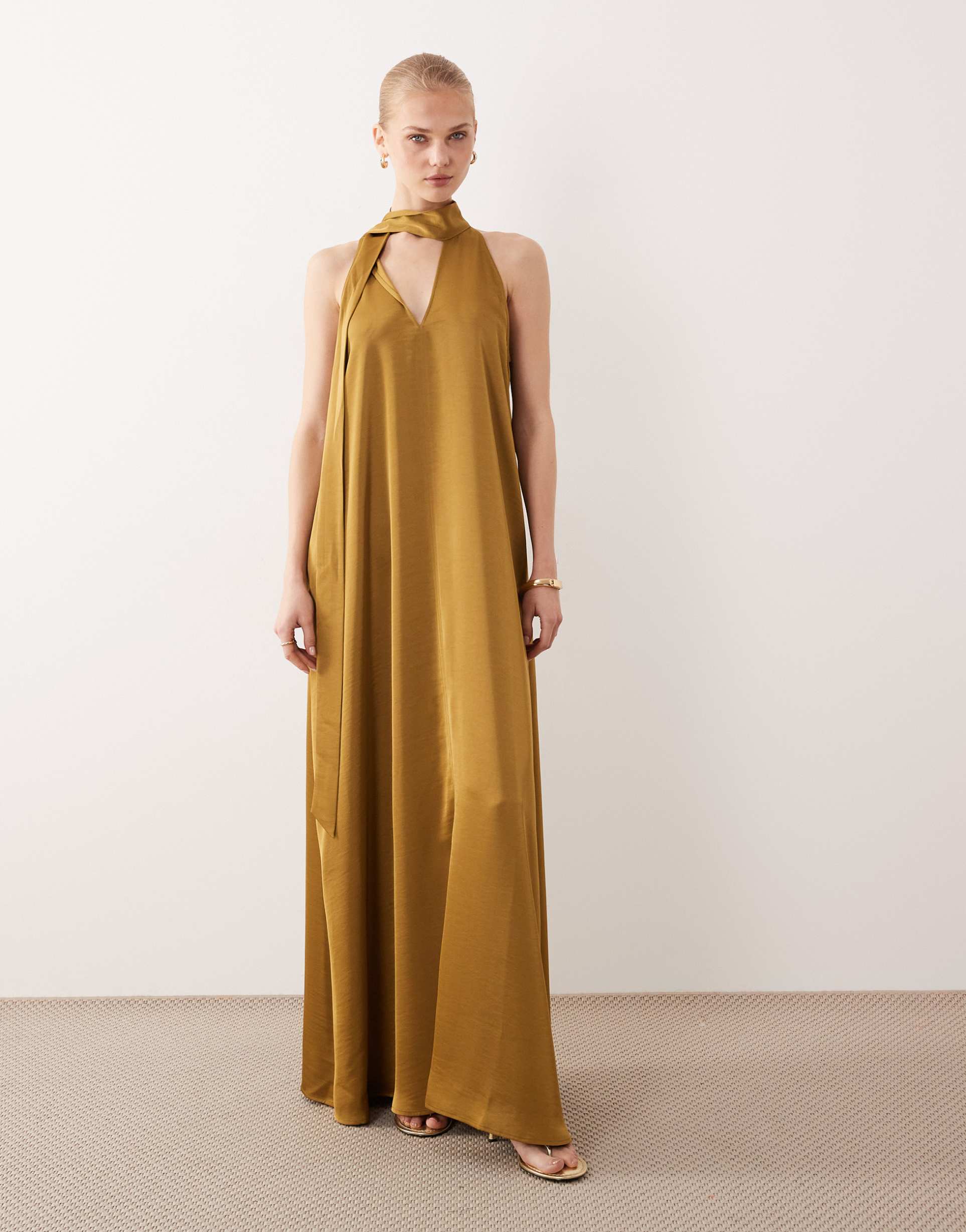 vila scarf neck satin maxi dress in olive green