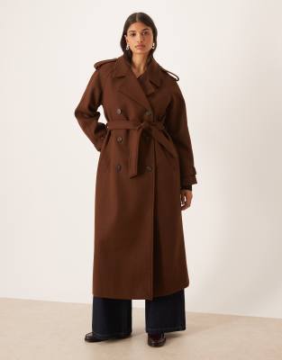 VILA - Schwerer Woll-Trenchcoat in Schokobraun mit Bindegürtel-Brown