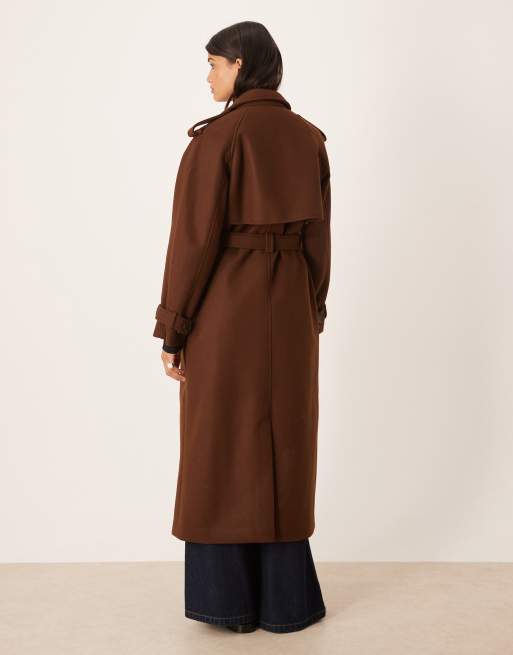 VILA – Schwerer Woll-Trenchcoat in Schokobraun mit Bindegürtel, 4 von 4
