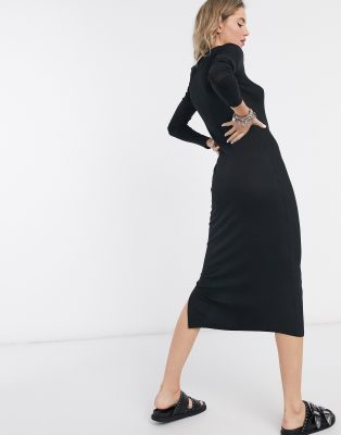 black scoop neck midi dress