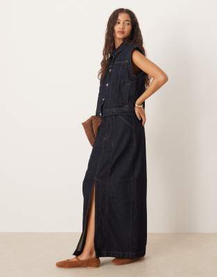 Vila Vila seam-detail denim midi skirt co-ord in dark indigo rinse-Blue