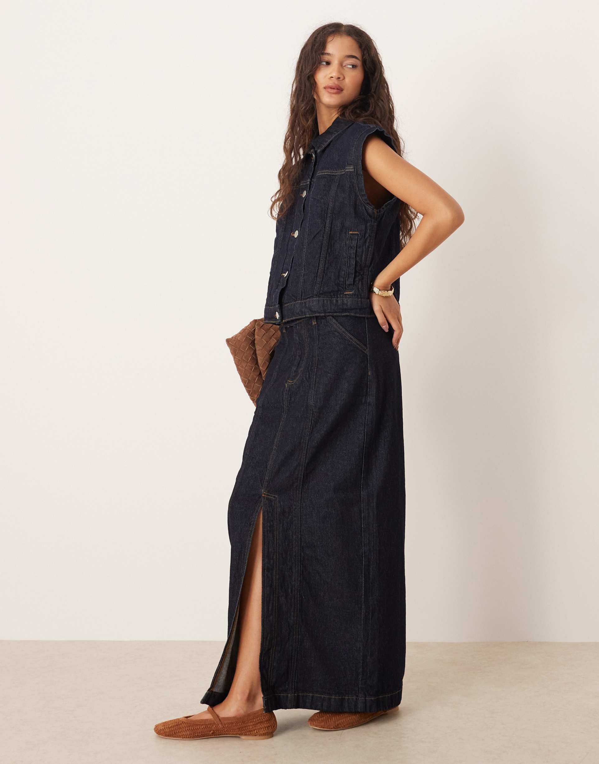 vila seam detail denim midi skirt in dark indigo rinse - part of a set