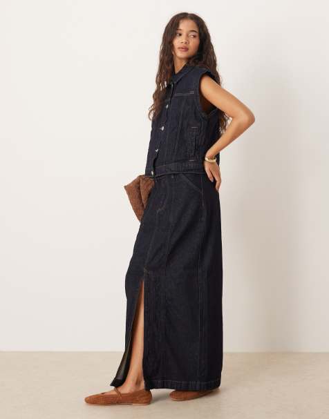Vila seam-detail denim midi skirt co-ord in dark indigo rinse