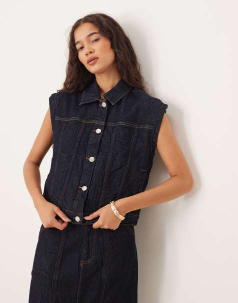 Vila seam-detail denim waistcoat co-ord in dark indigo rinse