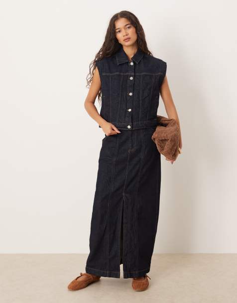 Vila seam-detail denim waistcoat and maxi skirt set in dark indigo rinse - view 1