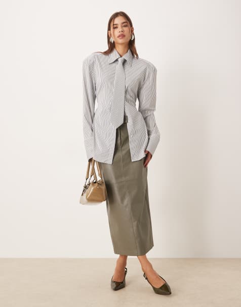 VILA seam detail faux leather midi skirt in dark olive green - view 1