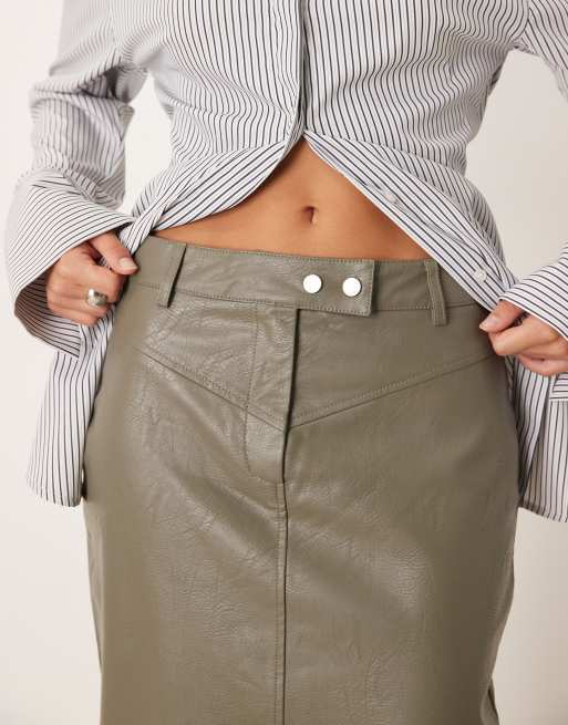 Vila seam detail faux leather midi skirt in dark olive green ASOS
