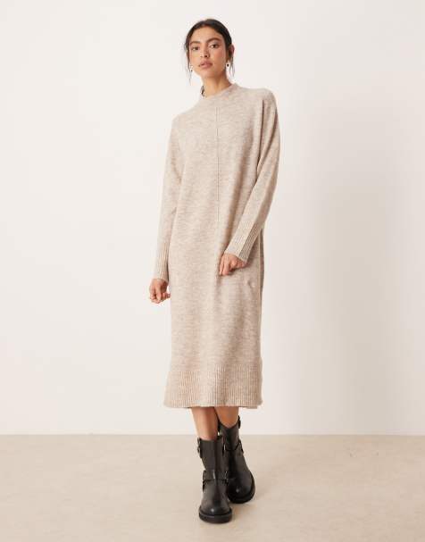 VILA seam front knitted midi dress in natural melange - view 1