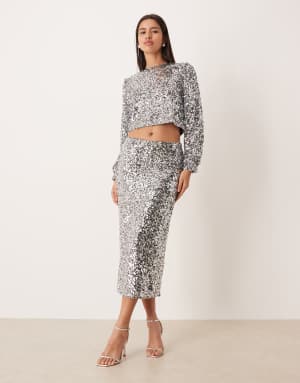 Vila sequin midi skirt co-ord in silver
