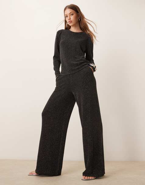 Vila sequin & velour glitter top and trouser set in black - view 1
