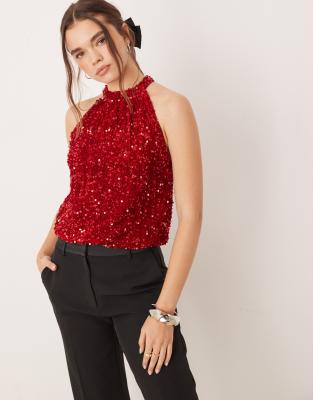 Vila Sequin & Velour Halter Top In Red