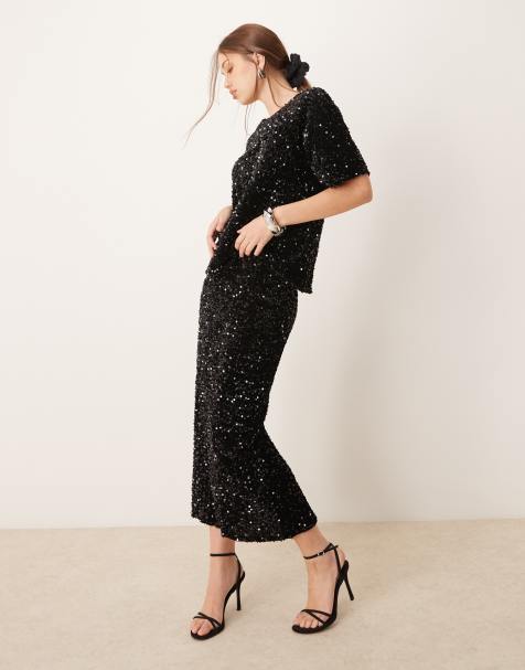 Vila sequin & velour maxi skirt co-ord in black - view 1