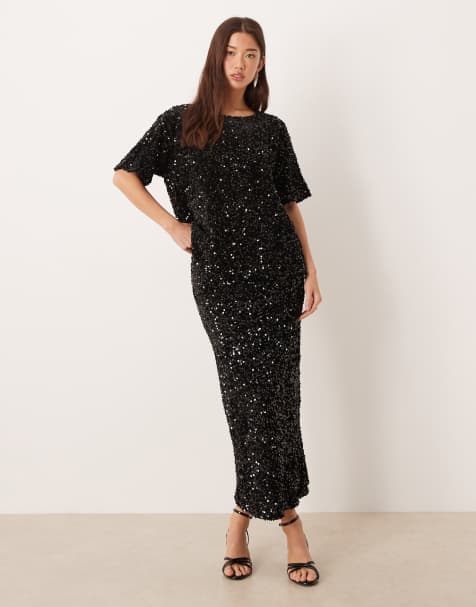Vila sequin & velour maxi skirt co-ord in black - view 1