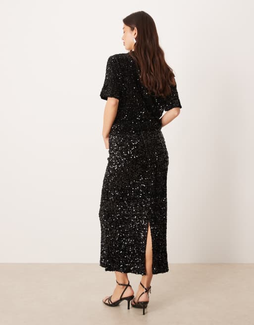 Vila sequin & velour maxi skirt co-ord in black, 2 of 5