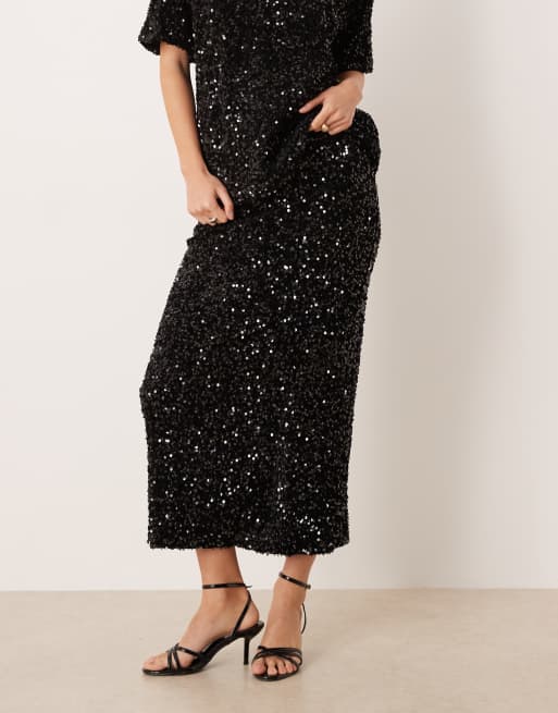 Vila sequin & velour maxi skirt co-ord in black, 3 of 5