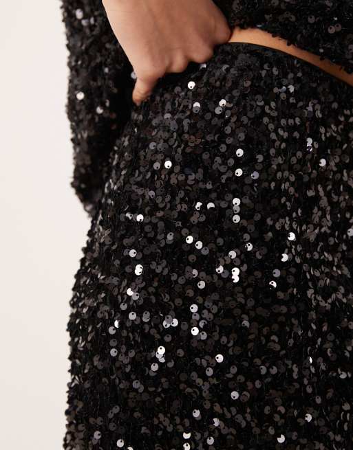 Vila sequin & velour maxi skirt co-ord in black, 4 of 5