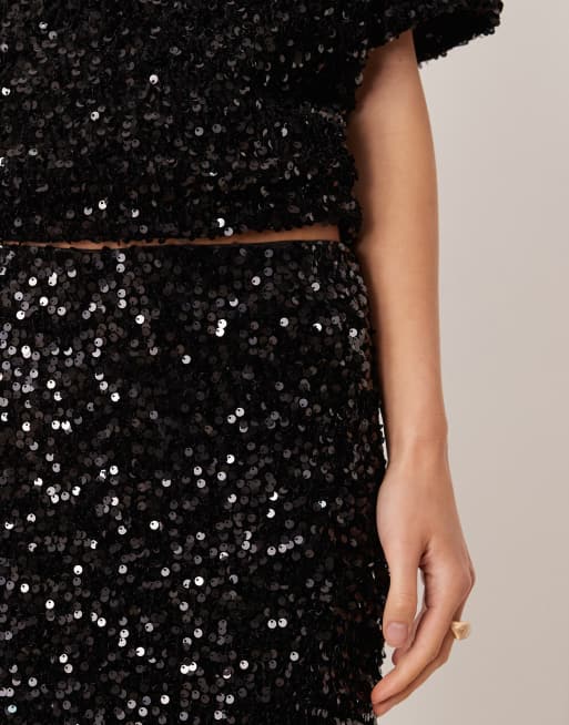 Vila sequin & velour maxi skirt co-ord in black, 5 of 5
