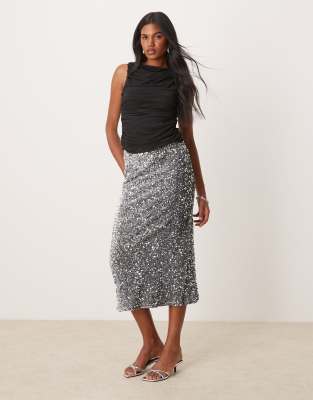 sequin & velour maxi skirt in silver gray