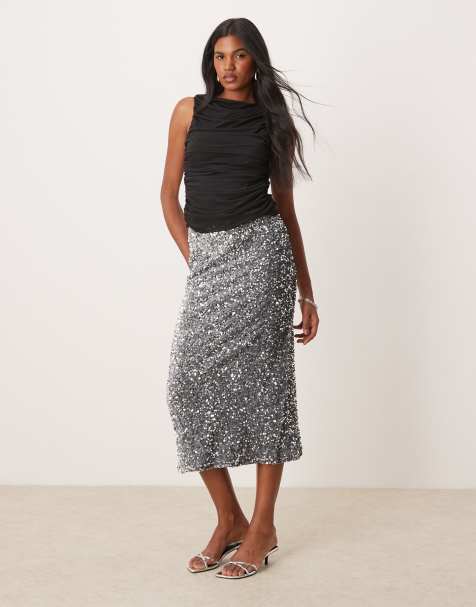 Vila sequin & velour maxi skirt in silver grey - view 1