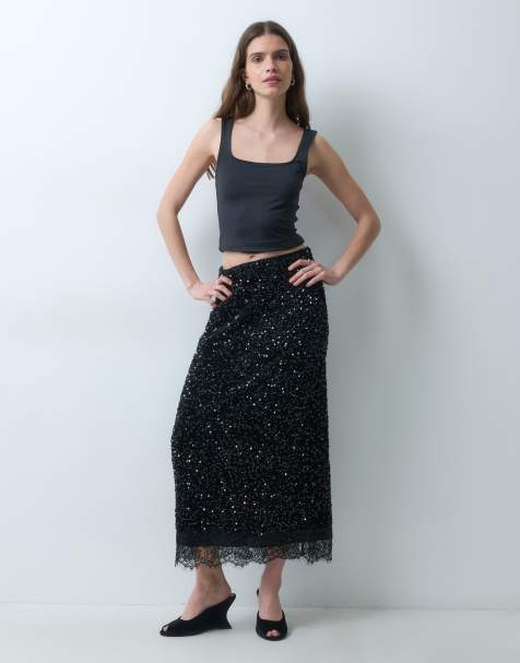 Vila sequin & velour maxi skirt with lace trim in black - view 1