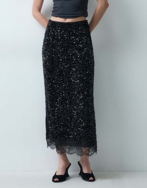 Vila sequin & velour maxi skirt with lace trim in black, 2 of 5