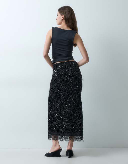 Vila sequin & velour maxi skirt with lace trim in black, 5 of 5