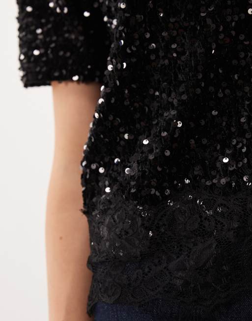 Vila sequin & velour t-shirt co-ord with lace trim in black, 3 of 4