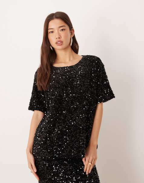 Vila sequin & velour T-shirt in black - part of a set - view 1