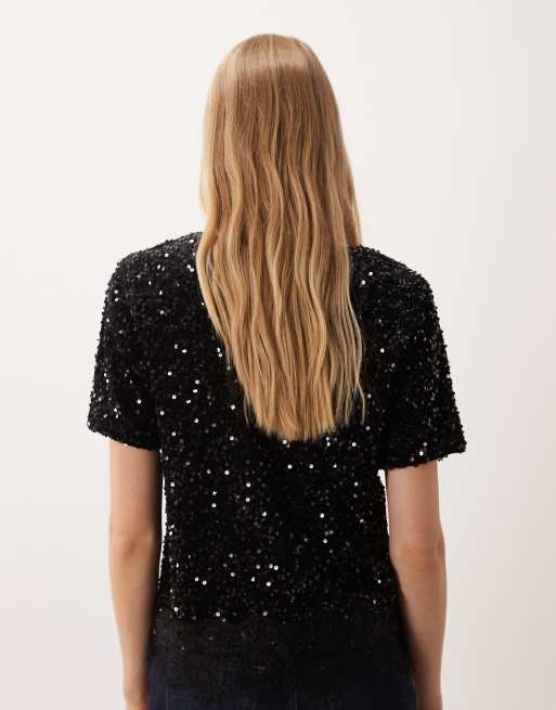 VILA sequin & velour t-shirt with lace trim in black (part of a set), 4 of 4