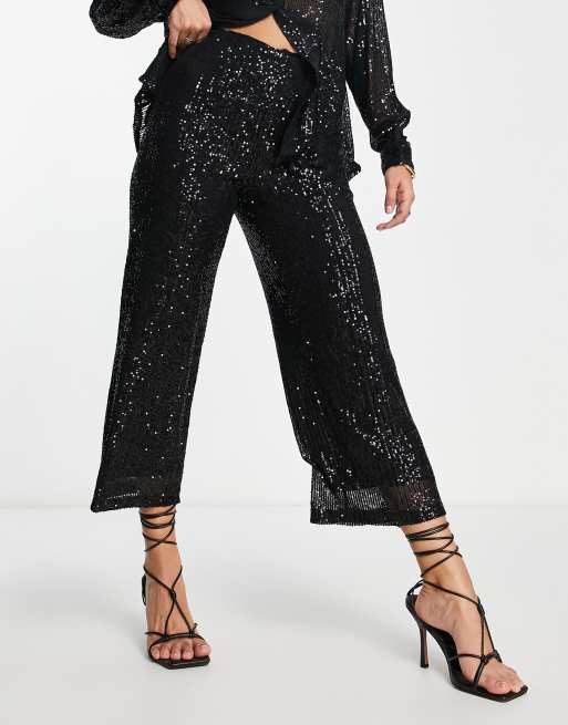 Vila sequin wide leg co-ord trousers in black | ASOS