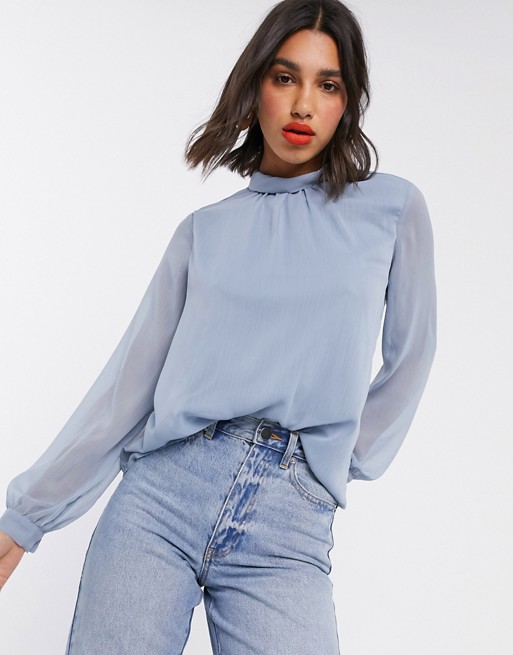 Vila sheer blouse with high neck in blue