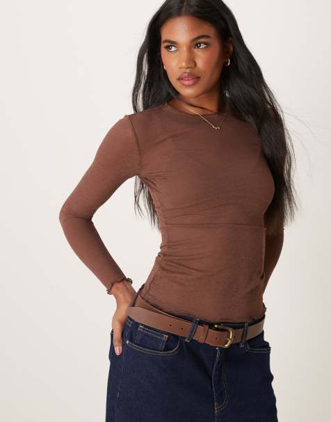 Vila sheer lettuce edge detail high neck top in fudge brown - view 1