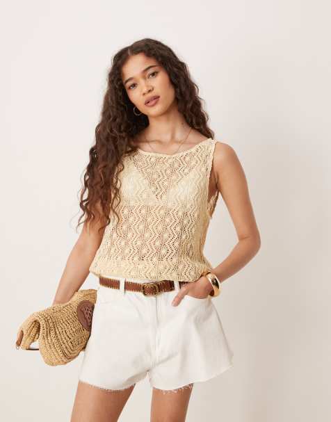 VILA sheer zigzag crochet sleeveless top in birch cream - view 1