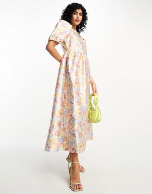 Vila Shimmer Jacquard Midi Prom Dress In Pastel Floral-multi