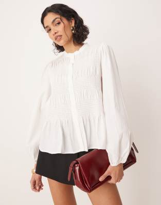 shirred blouson sleeve boho top in cream-White