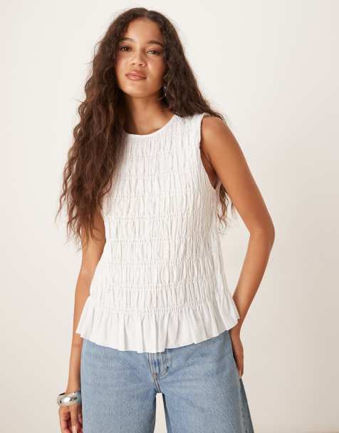Vila shirred sleeveless woven top in white - view 1